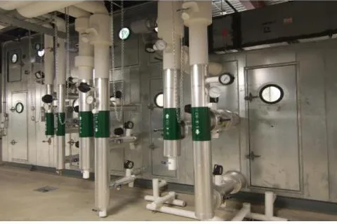 Air handling plant room with insulated pipework and ductwork